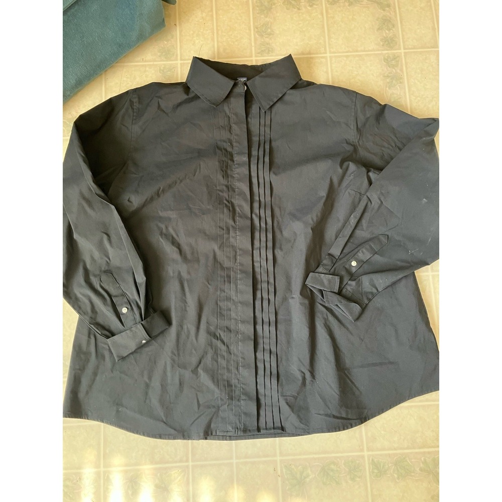 Black Sz 18W Button Down Long Sleeve Pleated Front Blouse Lands' End